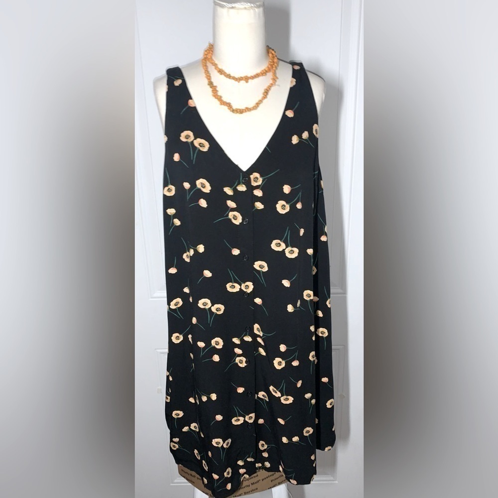 Pop Sugar V neck Sleeveless Rayon Mini Dress Black orange floral Medium